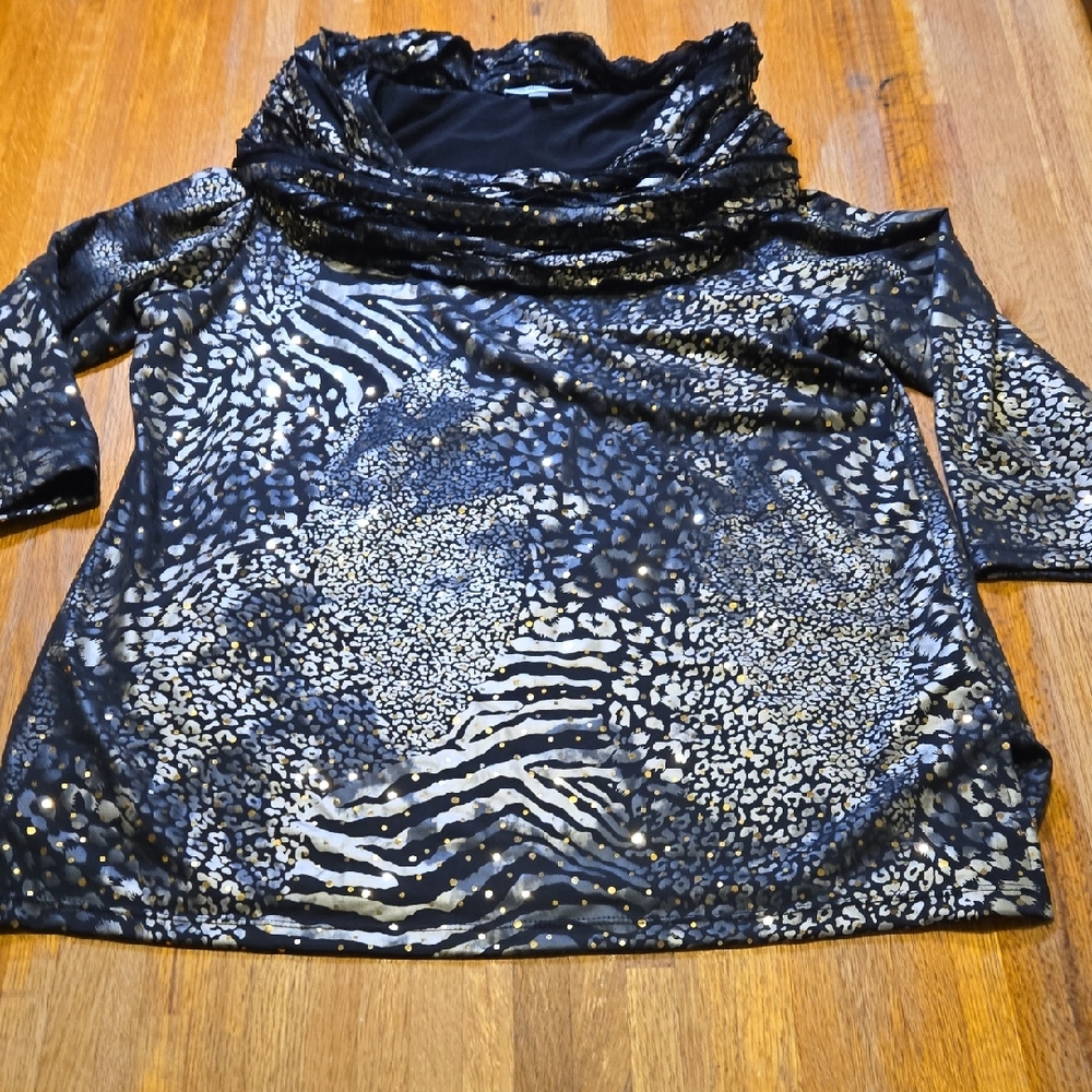 JM Collection Women Large Black Brown Animal‎ Print Sequin Cowl Neck Blouse